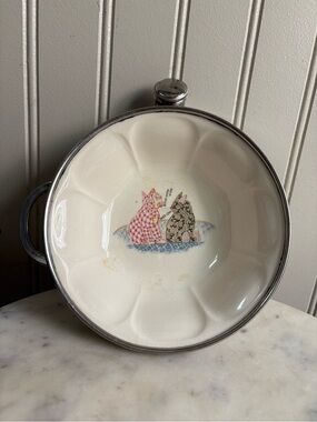 Vintage Excello Child’s Warming Dish Ceramic & Metal VTG Retro Collectible Cats